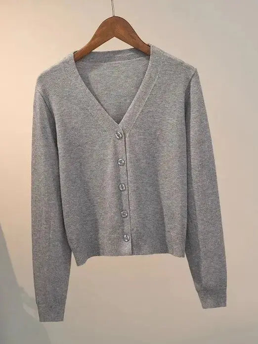 Sweater Knitted Cardigan Button Jacket 2025 Autumn Winter V-neck Long Sleeve Casual Short Tops For Women Sweater Grey White