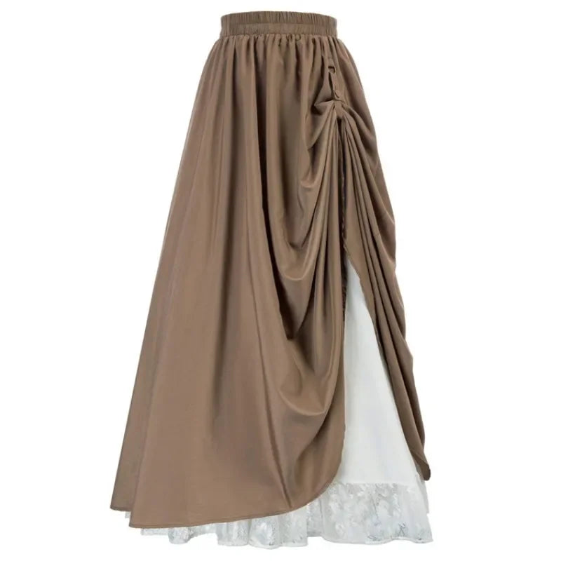 Casual Dual Layer Skirt Button Renaissance Costume Women Back Double Ruffle Long Shirring Skirt Waist Elastic Band Maxi Length