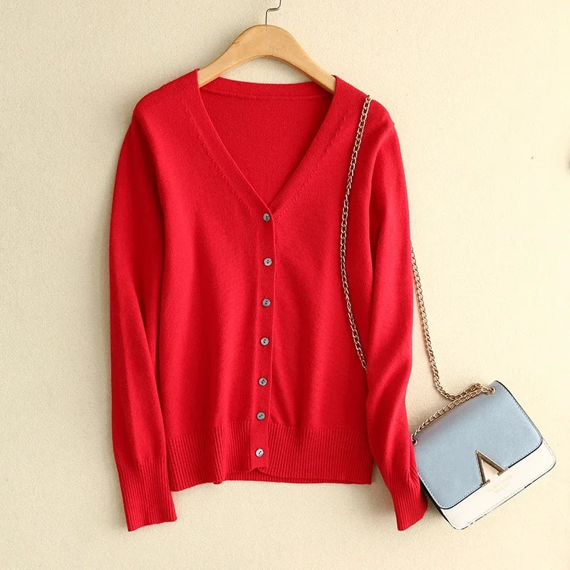 Spring Autumn Women Cardigans Single Breasted V-neck Solid Knitted Sweater Slim Female White Cardigans Casual Outerwear