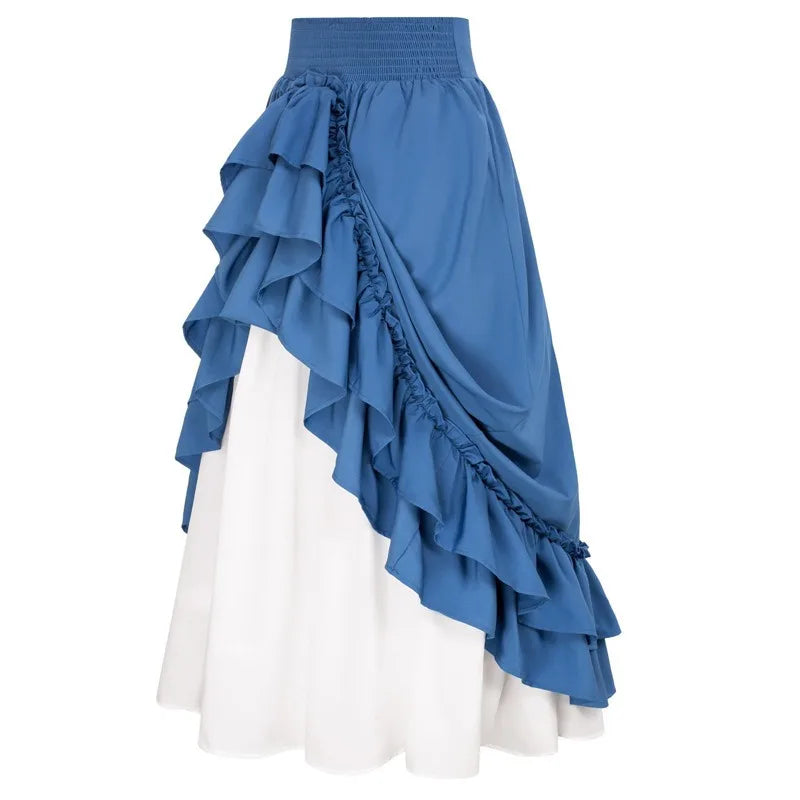 Casual Dual Layer Skirt Button Renaissance Costume Women Back Double Ruffle Long Shirring Skirt Waist Elastic Band Maxi Length