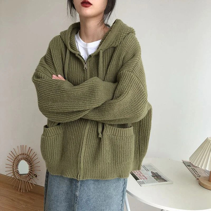 Knitted Sweater Women Cardigan Autumn Winter Thicken Warm Loose Oversized Sweater Coat Female Vintage Hooded Pocket Zip Knitwear