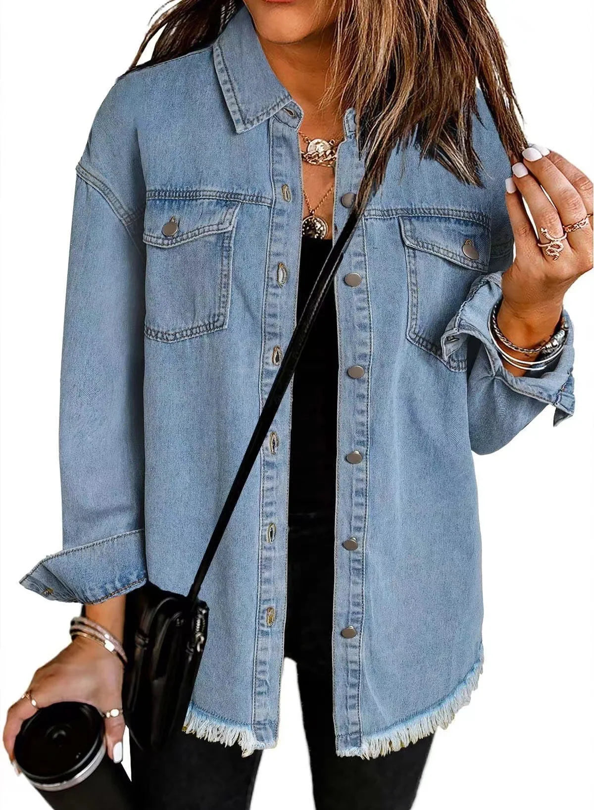 Women Fashion Denim Shirt Full Length Jacket Single Breasted Outerwear Washing High Street Cardigan Pocket Loose Coat Streetwear