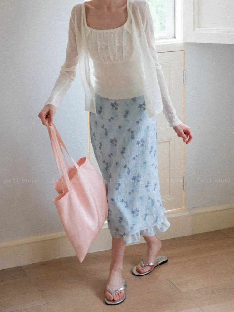 High Waist Floral Print Half Skirt Women's Summer 2026 Pleated A-Line Midi Skirt Polyester Fabric Casual Style Business Travel