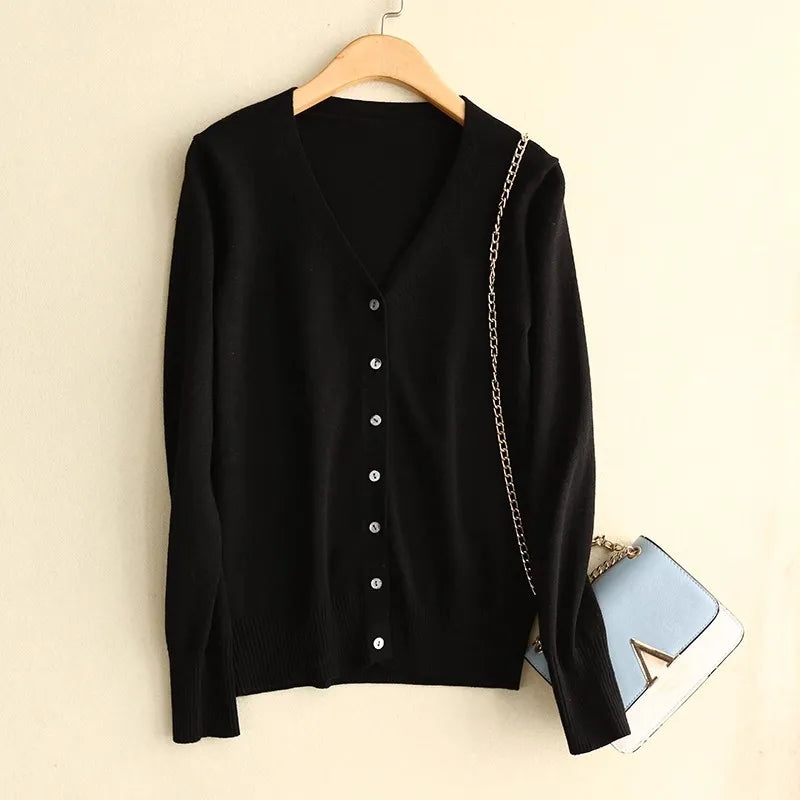 Sweater Knitted Cardigan Button Jacket 2025 Autumn Winter V-neck Long Sleeve Casual Short Tops For Women Sweater Grey White