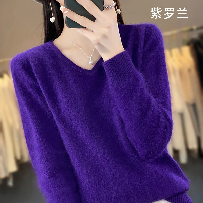 100% Pure Mink Cashmere V-neck Sweater For Women Autumn-Winter Warm Thick Solid Sweater For Women Soft Pullover Jacket DBE024