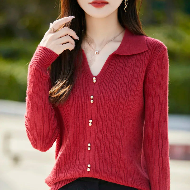 Spring Autumn Women Fine Merino Wool Sweater Polo V-neck Warm Pullover Hollow Pattern Fake Cardigan Knitwear Bottoming Tops