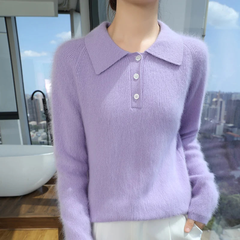 100% Mink Cashmere Women's Pullover Polo Collar Buttoned Sweater Autumn Winter Long Sleeve Knitwear Soft Warm Chic Clothings