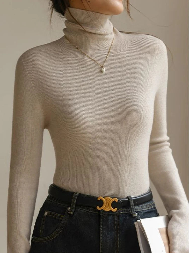AOSSVIAO 2025  Pullovers Women's Turtleneck Sweater Autumn Winter Korean Slim Long Sleeve Solid Simple Basic Knit Thick Warm Top