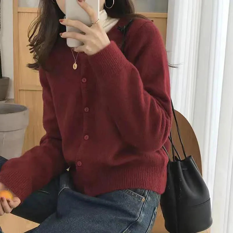 Lucyever Women's Cardigan Sweater Solid Casual Round Collar Single-Breasted Sweaters Woman Autumn Winter Soft Knitted Cardigans