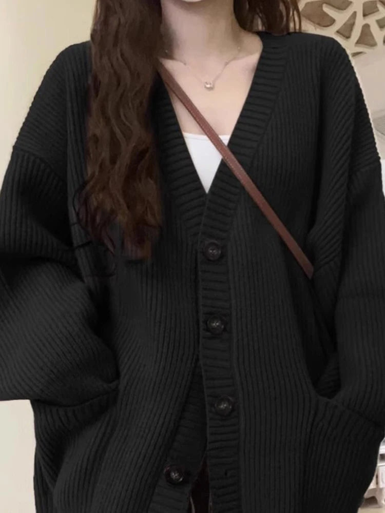 Japanese Sweet Knitted Cardigan Women Fall Winter Lazy Wind Loose Casual Sweaters V Neck Solid Student Fashion Elegant New Coats