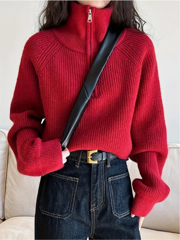 AOSSVIAO Women's Loose Knitted Pullovers Half Zipper Autumn and Winter Turtleneck Sweaters Casual Comfortable Full Sleeve Top