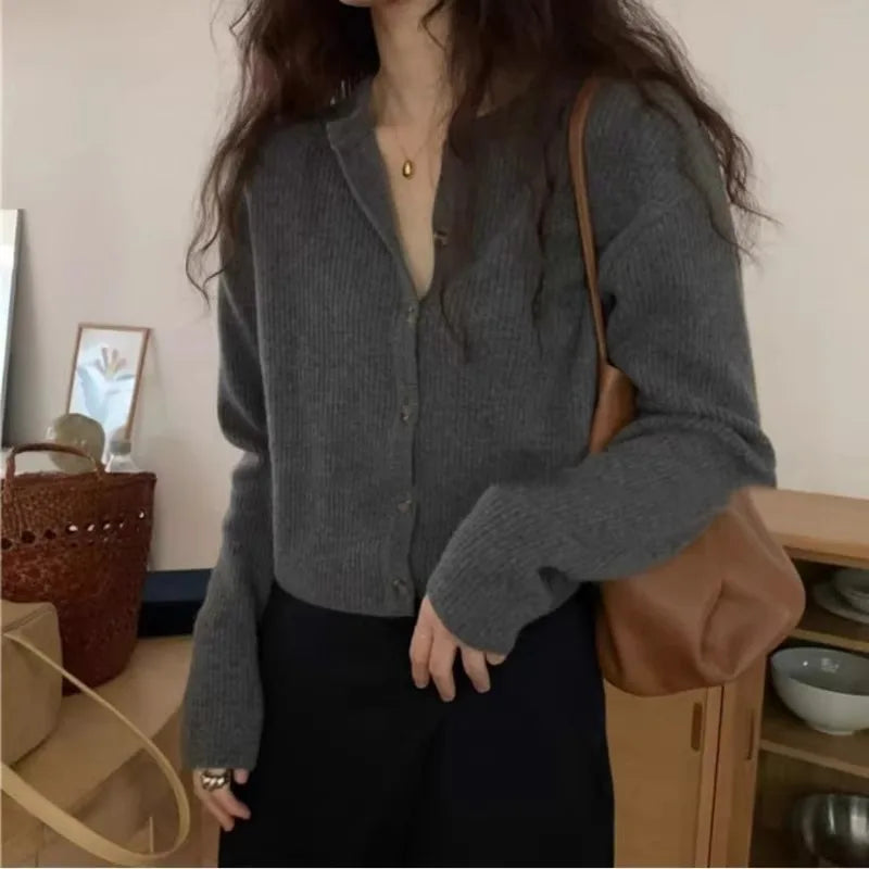 Fashion cashmere knitted cardigan women's sweater Spring and autumn Korean version of gray blouse loose short wool coat