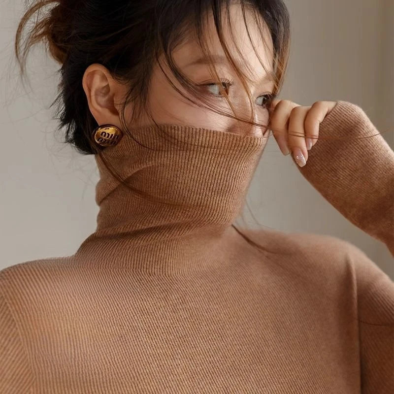 AOSSVIAO 2025  Pullovers Women's Turtleneck Sweater Autumn Winter Korean Slim Long Sleeve Solid Simple Basic Knit Thick Warm Top