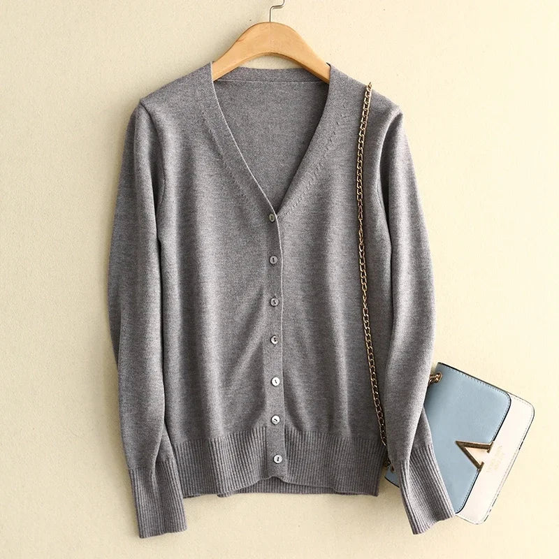 Spring Autumn Women Cardigans Single Breasted V-neck Solid Knitted Sweater Slim Female White Cardigans Casual Outerwear