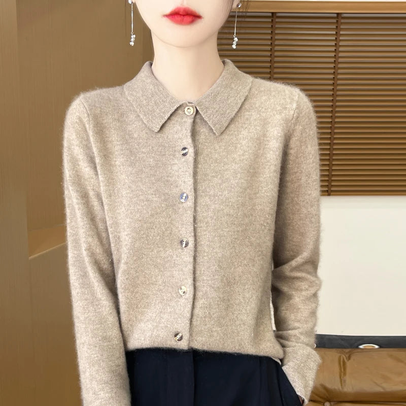 2024 Women's Sweater 100% Merino Wool POLO Collar Cardigan Knitted Warm Coat Autumn/Winter Loose Warm Soft Cashmere Sweater DMR