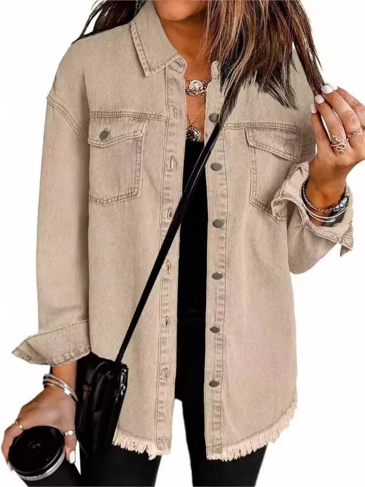 Women Fashion Denim Shirt Full Length Jacket Single Breasted Outerwear Washing High Street Cardigan Pocket Loose Coat Streetwear