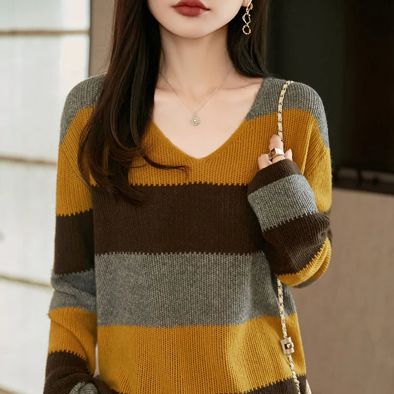 Women's Knitted V-Neck Pullover Color-Block Sweater Long-Sleeved Fashionable Comfortable Top for Autumn Winter NSY068