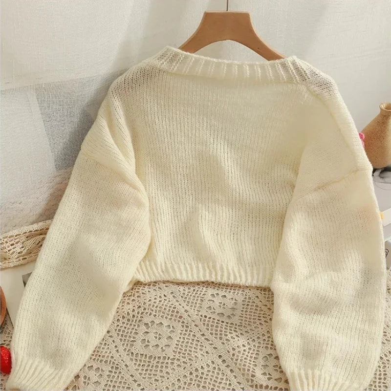 2025 New Autumn Winter Colourful Applique Flower Cardigan for Women Cute Long  V-neck Knit Crop Sweater Girl Soft Knitwear