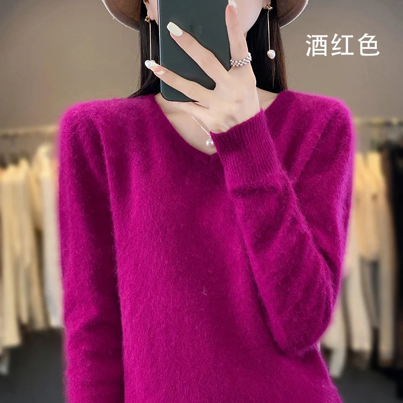 100% Pure Mink Cashmere V-neck Sweater For Women Autumn-Winter Warm Thick Solid Sweater For Women Soft Pullover Jacket DBE024