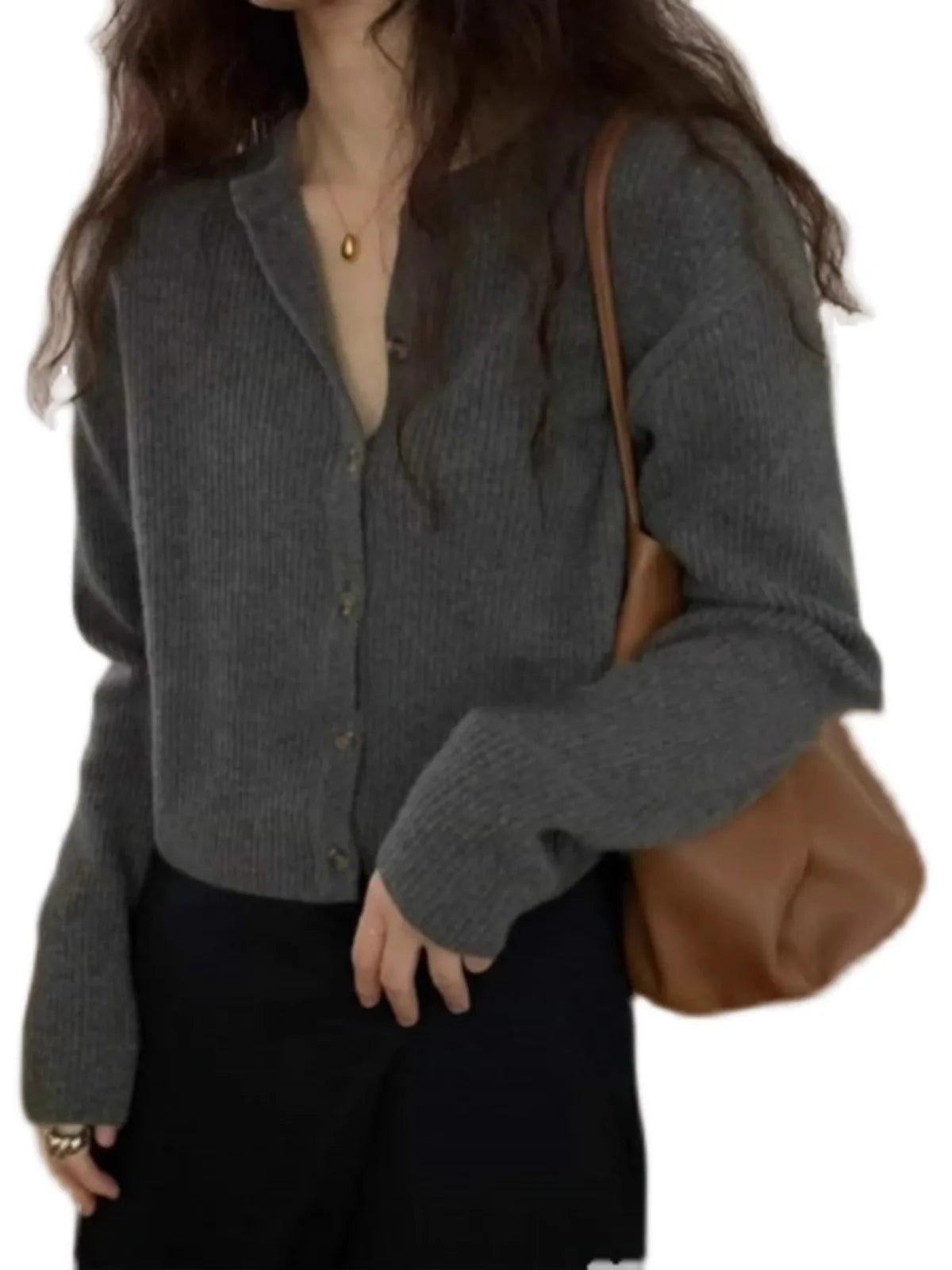 Fashion cashmere knitted cardigan women's sweater Spring and autumn Korean version of gray blouse loose short wool coat