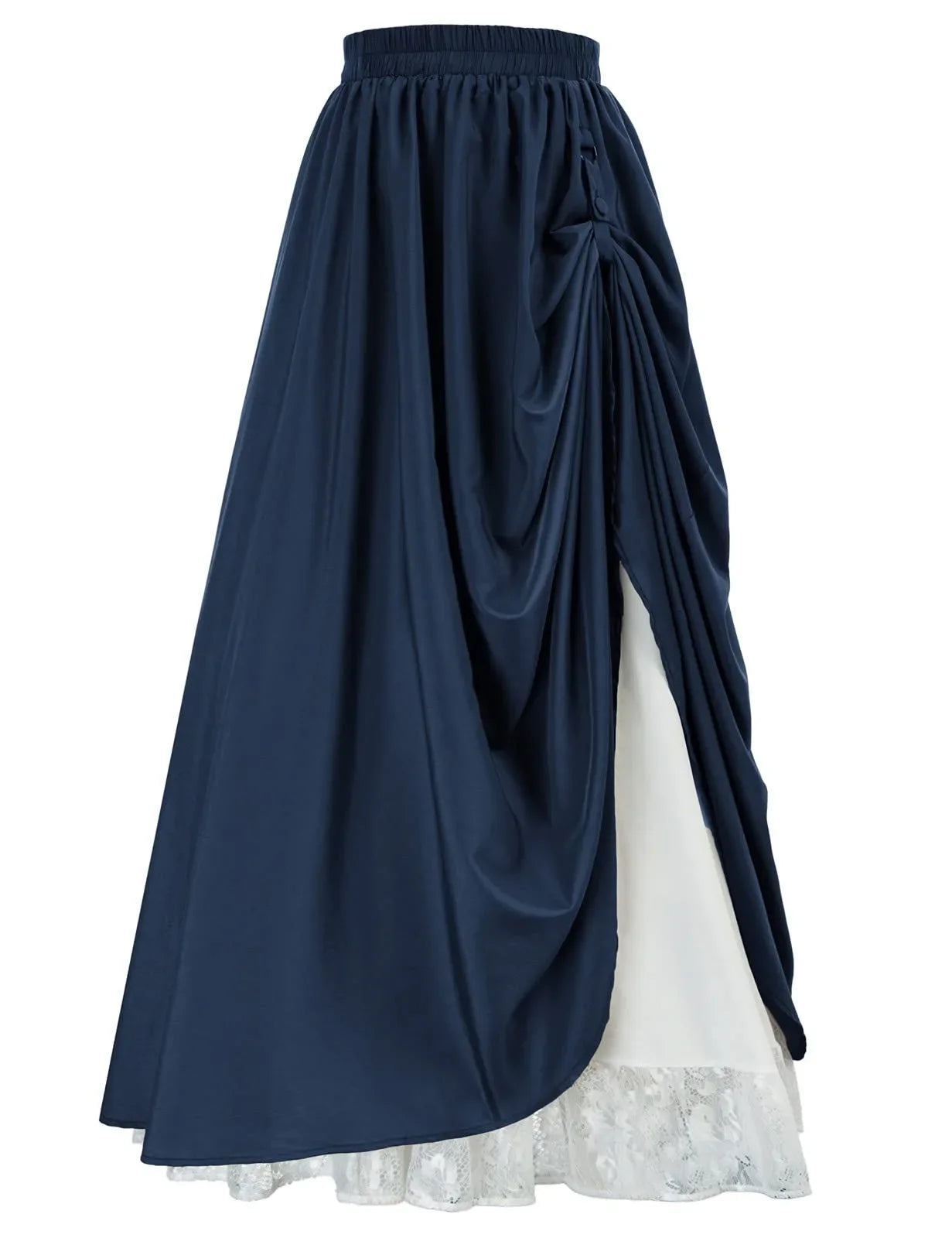 Casual Dual Layer Skirt Button Renaissance Costume Women Back Double Ruffle Long Shirring Skirt Waist Elastic Band Maxi Length