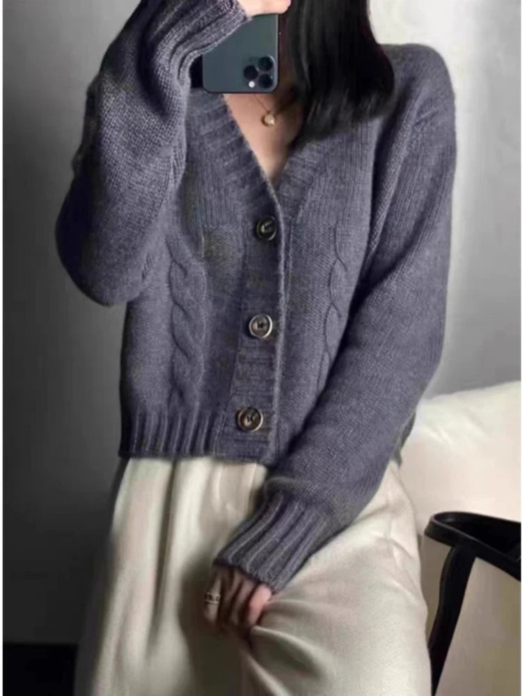 V-neck Long Sleeve Women Knitted Cardigan Sweater Fashion Loose Winter Autumn Coat Casual Solid Color Short Top Elegant Knitwear