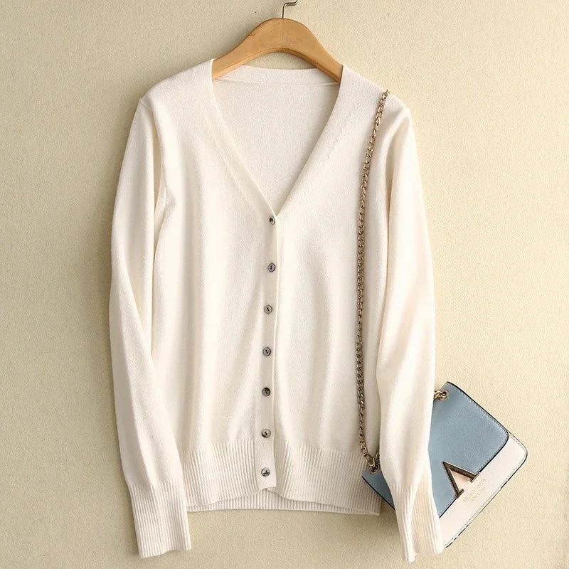 Spring Autumn Women Cardigans Single Breasted V-neck Solid Knitted Sweater Slim Female White Cardigans Casual Outerwear