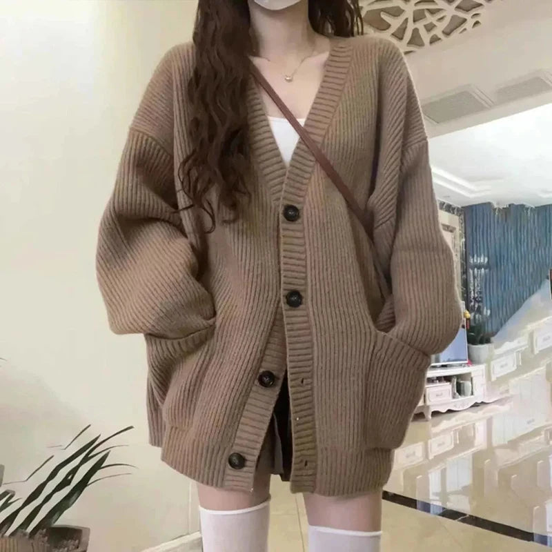 Japanese Sweet Knitted Cardigan Women Fall Winter Lazy Wind Loose Casual Sweaters V Neck Solid Student Fashion Elegant New Coats