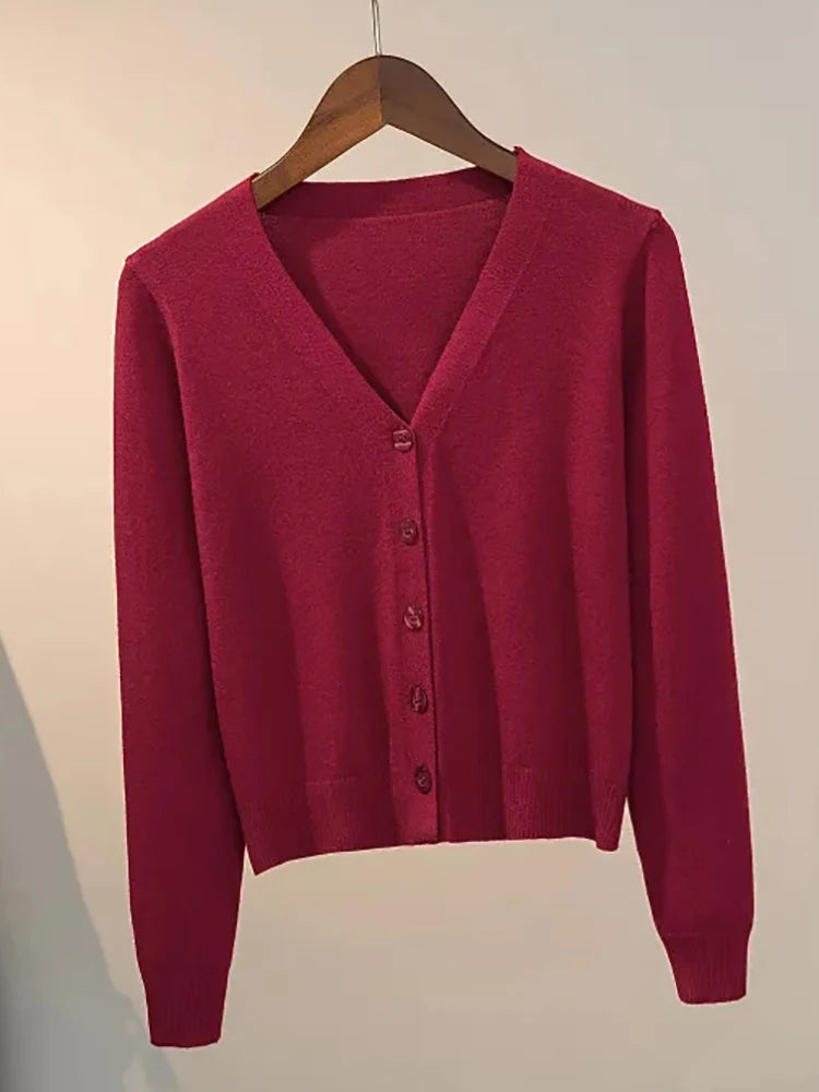 Sweater Knitted Cardigan Button Jacket 2025 Autumn Winter V-neck Long Sleeve Casual Short Tops For Women Sweater Grey White