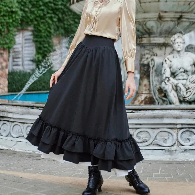 Casual Dual Layer Skirt Button Renaissance Costume Women Back Double Ruffle Long Shirring Skirt Waist Elastic Band Maxi Length
