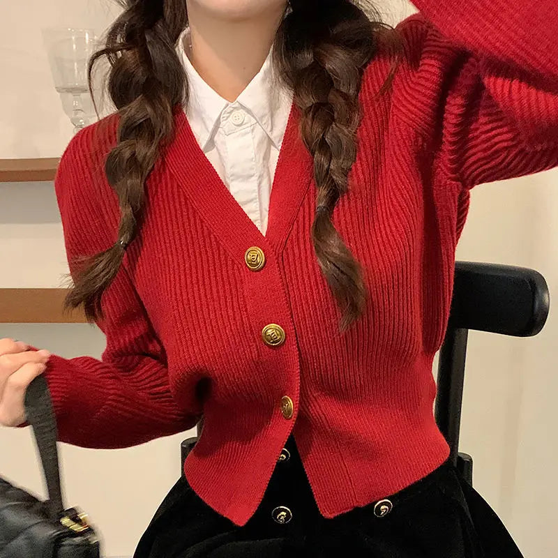 Autumn and Winter Woman's Clothes Red Sweater Korean Vintage Retro V-neck Puff Sleeve Waist Niche Fashion Trend All-match Lively