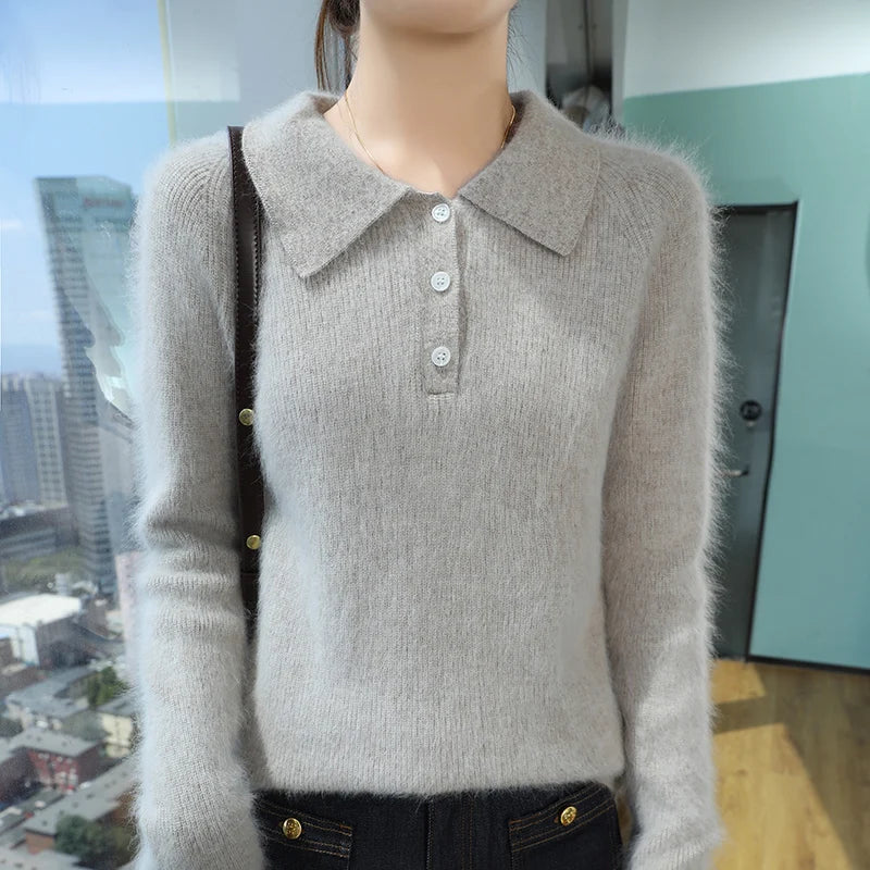 100% Mink Cashmere Women's Pullover Polo Collar Buttoned Sweater Autumn Winter Long Sleeve Knitwear Soft Warm Chic Clothings