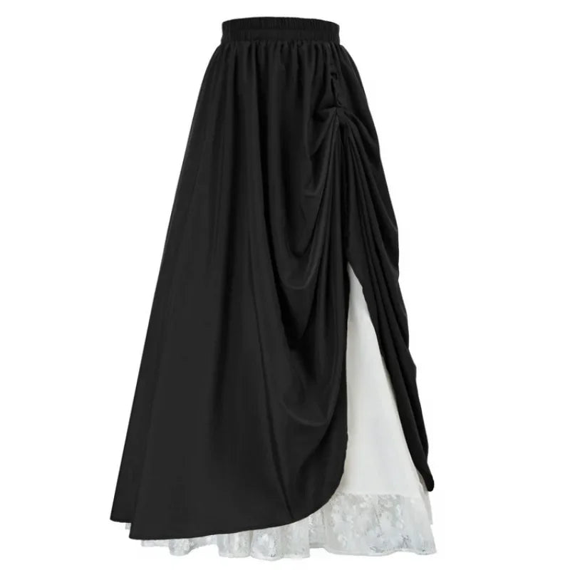 Casual Dual Layer Skirt Button Renaissance Costume Women Back Double Ruffle Long Shirring Skirt Waist Elastic Band Maxi Length
