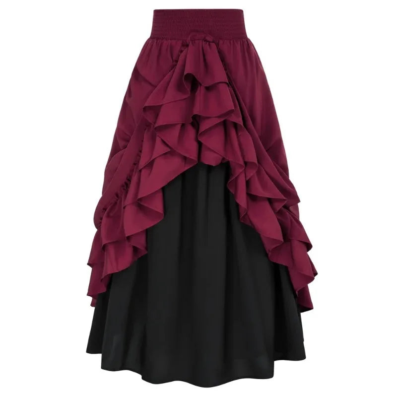 Casual Dual Layer Skirt Button Renaissance Costume Women Back Double Ruffle Long Shirring Skirt Waist Elastic Band Maxi Length