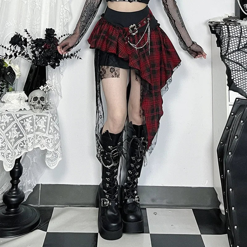 Punk Gothic Skirt Women Streetwear Harajuku Irregular Patchwork Red Plaid Skirt Hotsweet Y2k Clubwear Skirt