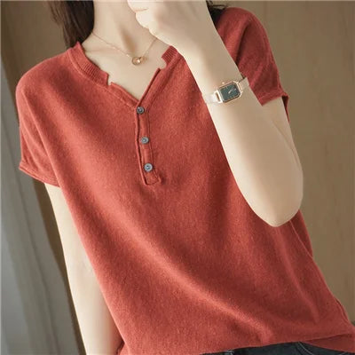 Summer 100% pure cotton women's T-shirt V-neck knitted short sleeved loose Tees solid color pullover button Tops basic versatile