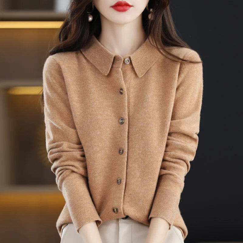 2024 Women's Sweater 100% Merino Wool POLO Collar Cardigan Knitted Warm Coat Autumn/Winter Loose Warm Soft Cashmere Sweater DMR