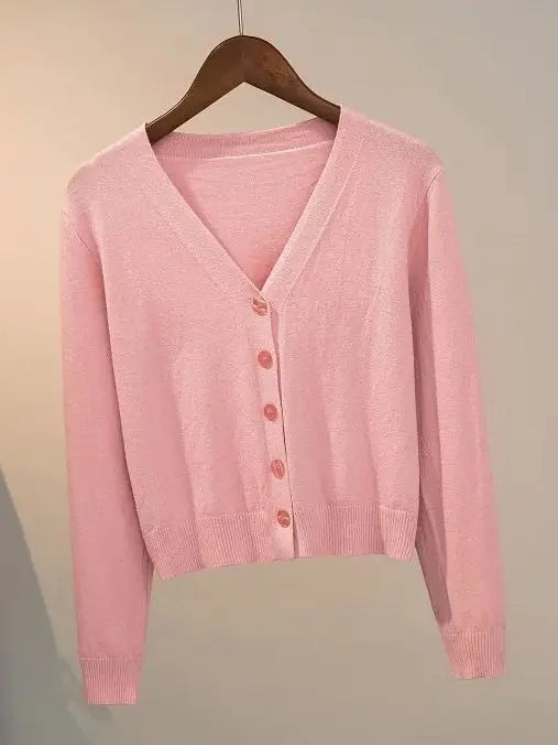 Sweater Knitted Cardigan Button Jacket 2025 Autumn Winter V-neck Long Sleeve Casual Short Tops For Women Sweater Grey White