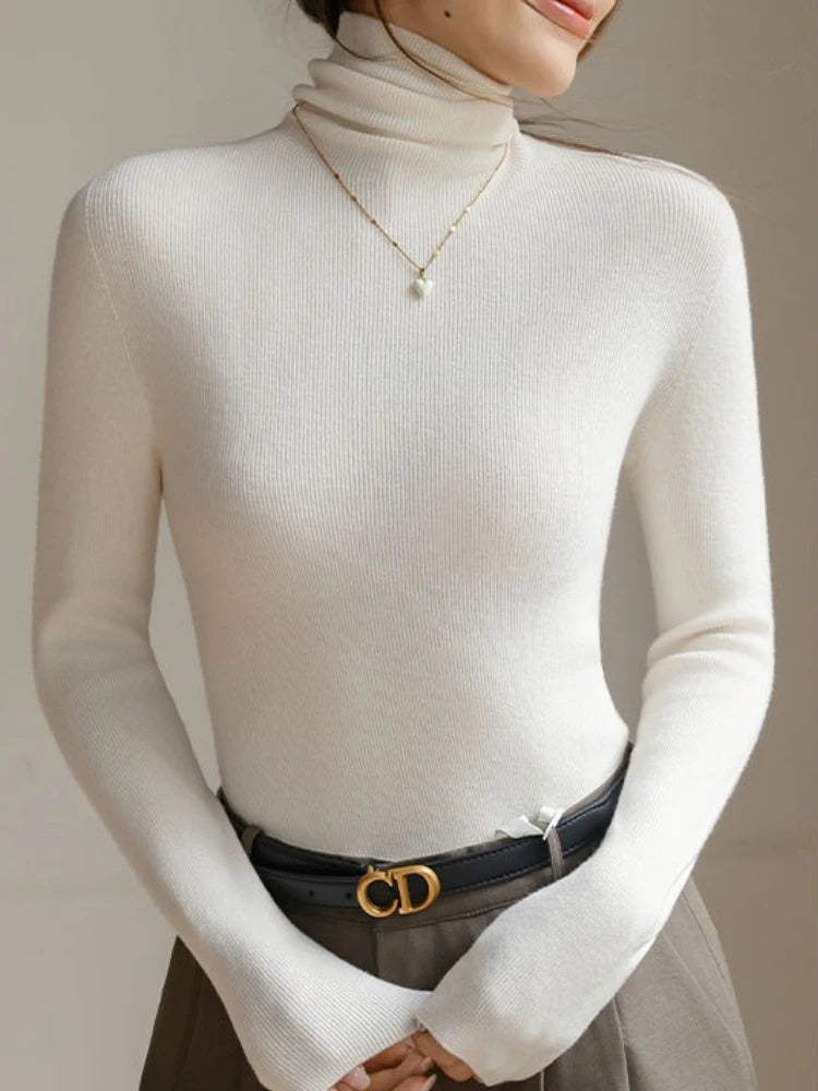 AOSSVIAO 2025  Pullovers Women's Turtleneck Sweater Autumn Winter Korean Slim Long Sleeve Solid Simple Basic Knit Thick Warm Top