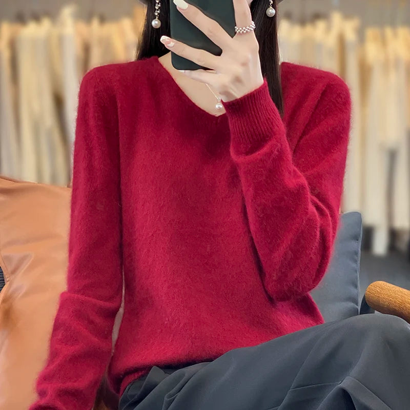 100% Pure Mink Cashmere V-neck Sweater For Women Autumn-Winter Warm Thick Solid Sweater For Women Soft Pullover Jacket DBE024
