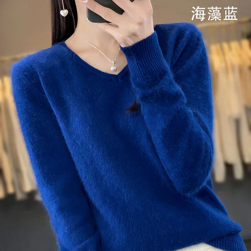 100% Pure Mink Cashmere V-neck Sweater For Women Autumn-Winter Warm Thick Solid Sweater For Women Soft Pullover Jacket DBE024