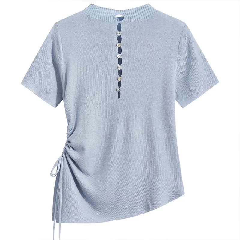 Women's Clothing Lace-Up T-shirt Summer New Slimming Knit Short Sleeve Casual Tees Lady Basic Fashion Waist-cinching O-neck Tops