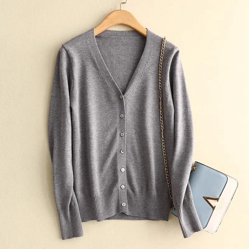 Sweater Knitted Cardigan Button Jacket 2025 Autumn Winter V-neck Long Sleeve Casual Short Tops For Women Sweater Grey White
