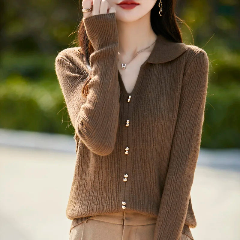Spring Autumn Women Fine Merino Wool Sweater Polo V-neck Warm Pullover Hollow Pattern Fake Cardigan Knitwear Bottoming Tops