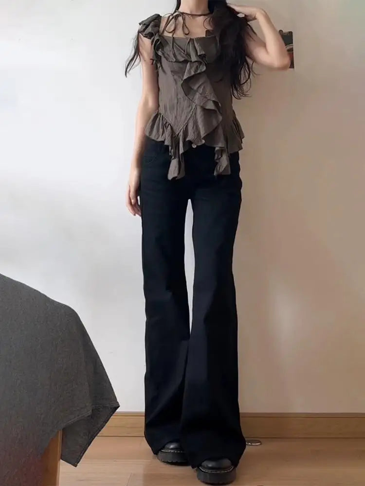 Women Low Waist Flared Jeans Retro Style Blue Black Micro Flare Pants Loose Straight Wide Leg Jeans Female Spring Fashion