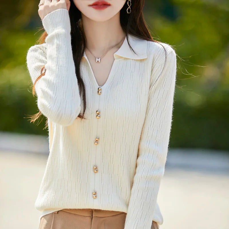 Spring Autumn Women Fine Merino Wool Sweater Polo V-neck Warm Pullover Hollow Pattern Fake Cardigan Knitwear Bottoming Tops