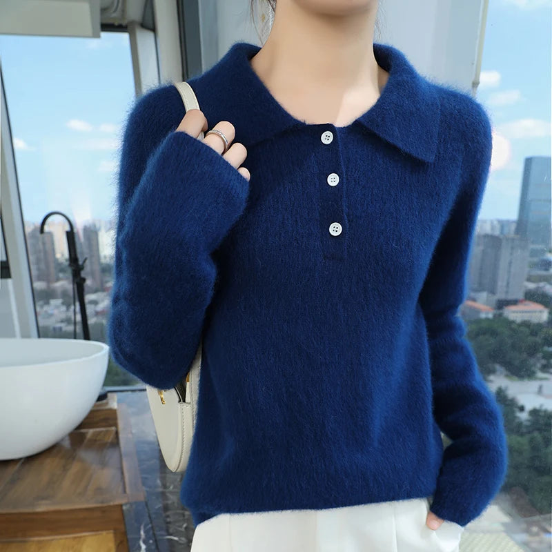 100% Mink Cashmere Women's Pullover Polo Collar Buttoned Sweater Autumn Winter Long Sleeve Knitwear Soft Warm Chic Clothings