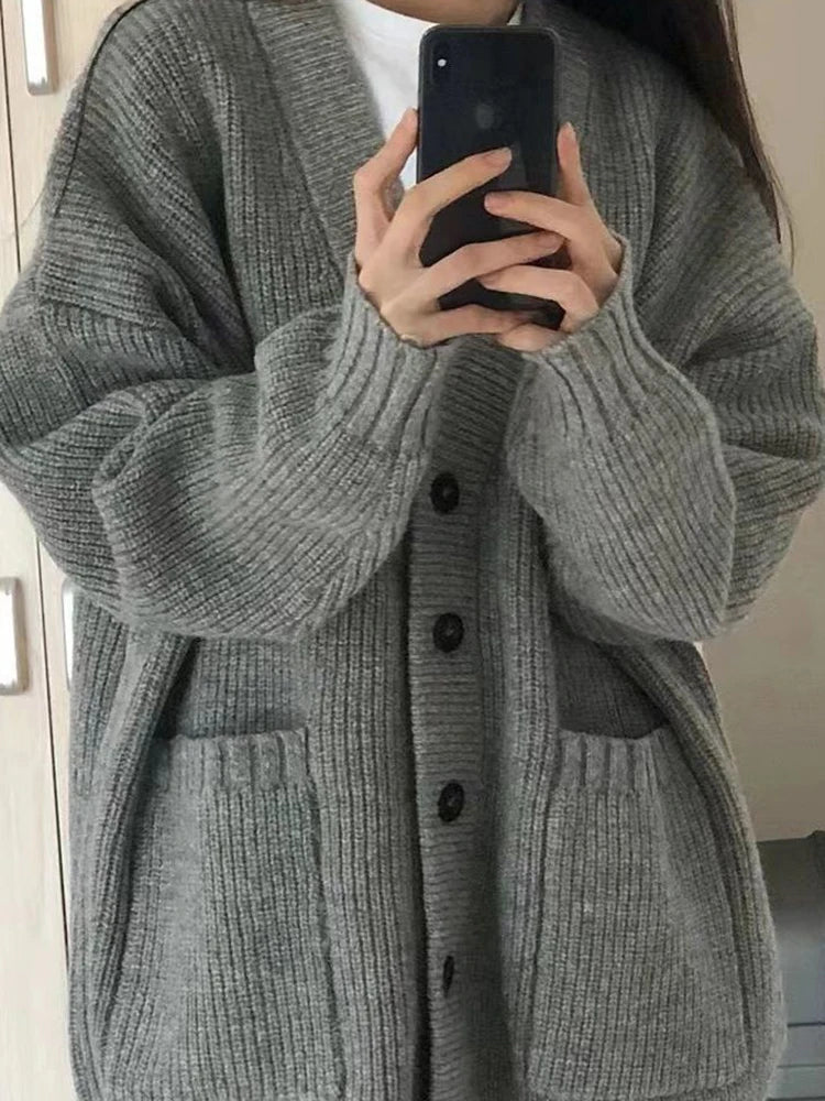 Japanese Sweet Knitted Cardigan Women Fall Winter Lazy Wind Loose Casual Sweaters V Neck Solid Student Fashion Elegant New Coats