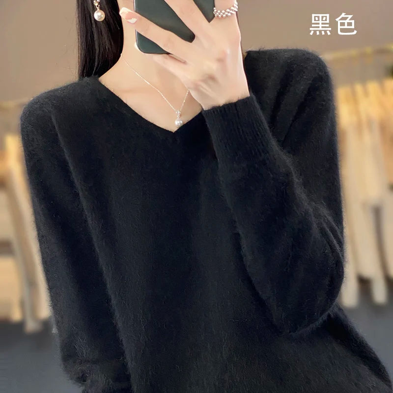 100% Pure Mink Cashmere V-neck Sweater For Women Autumn-Winter Warm Thick Solid Sweater For Women Soft Pullover Jacket DBE024