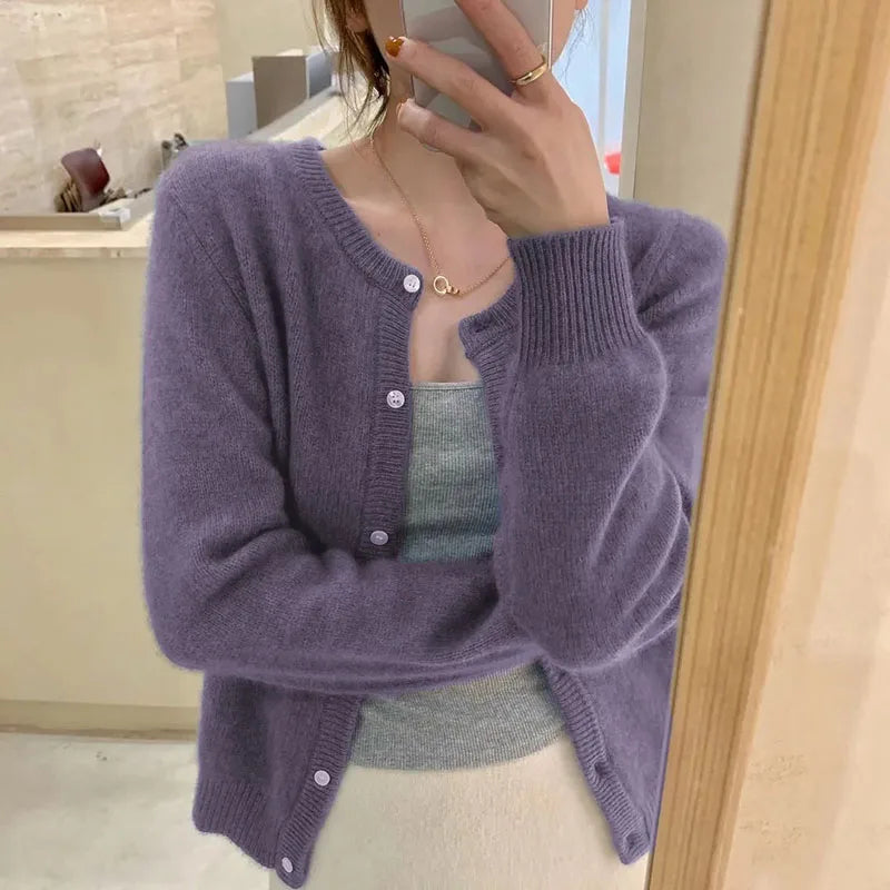 Lucyever Women's Cardigan Sweater Solid Casual Round Collar Single-Breasted Sweaters Woman Autumn Winter Soft Knitted Cardigans